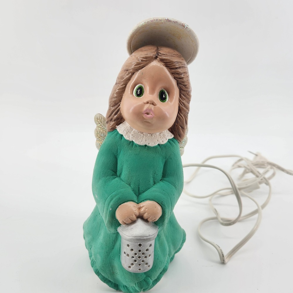 Vintage Hand Painted Ceramic Angel Night Light Teal Cherub Figurine Lamp